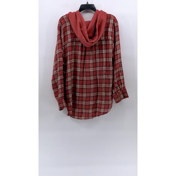 AMERICAN EAGLE Men's Red Plaid Button-Up Hooded Long Sleeve Sweater Shirt SZ L - Picture 2 of 11